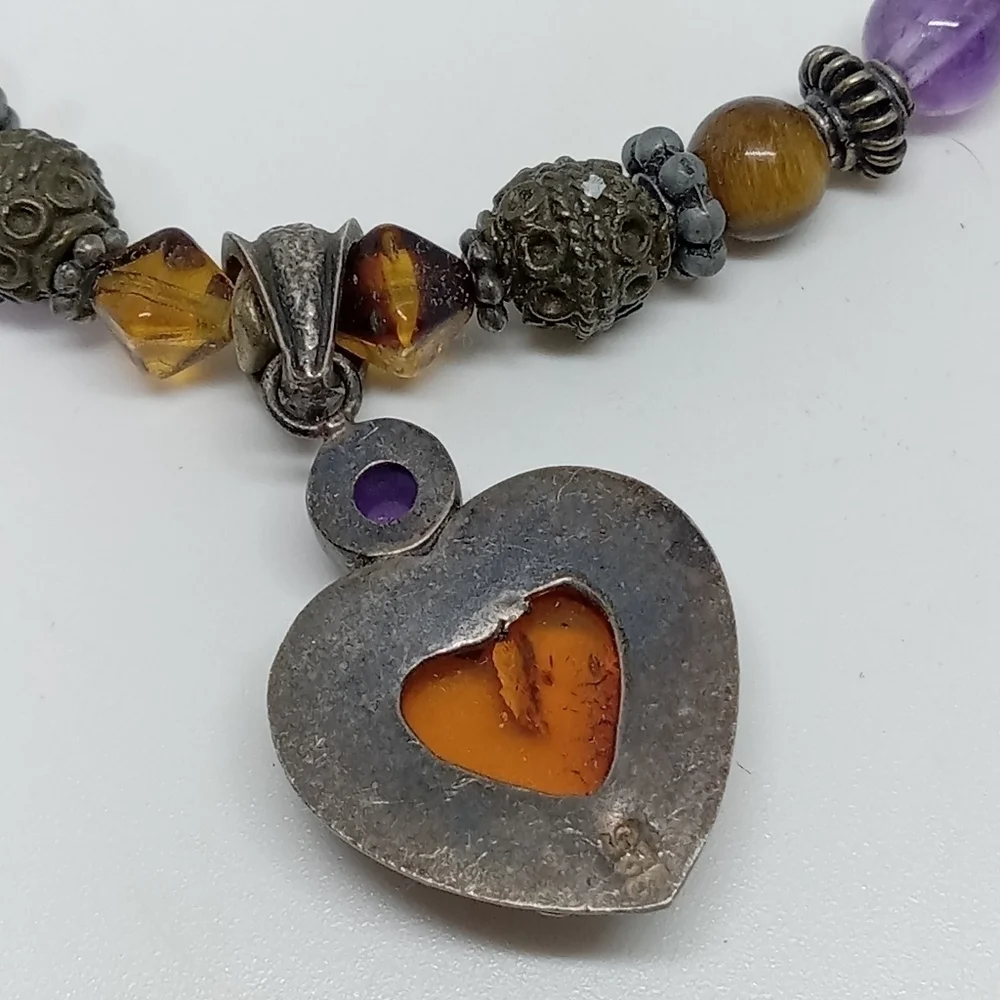 * vintage 925 Honey Amber heart stars artisan necklace 18